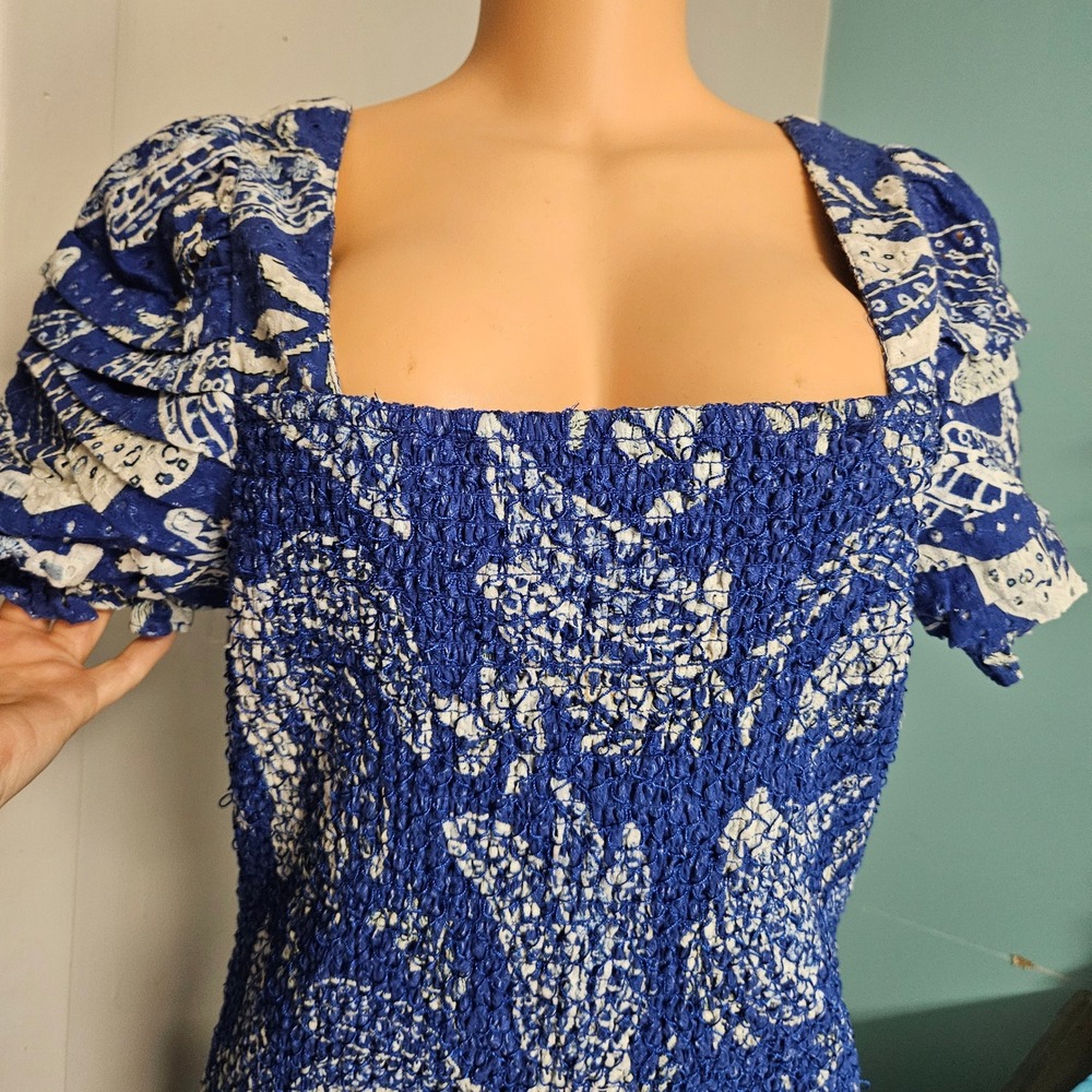 Farm Rio Lace Bananas Mini Dress Womens XL Navy Blue Smocked Eyelet msrp‎ $245